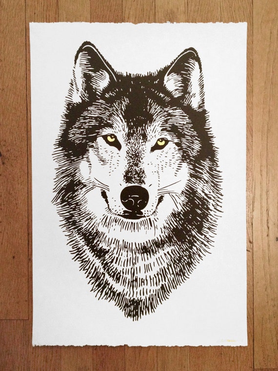 狼の顔のアートプリント：手描きの金色の目、シルクスクリーンの動物
