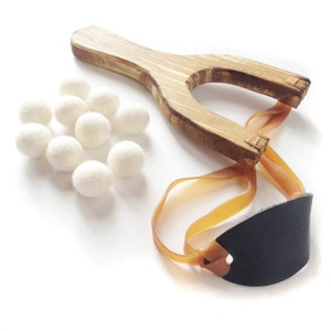 Kids Wooden Slingshot, Catapult, Classic Wooden Slingshot, Traditional Sling Shot, Wooden Toy with wool felt ball ammo gentle indoor play image 1