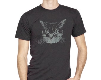 Men&#39;s Cat Shirt, Heather Black Grey Cat Shirt, Gift for Cat Lover, Kitty Shirt, Kitten Shirt, Black Cat shirt, Cat Tshirt Meow Shirt