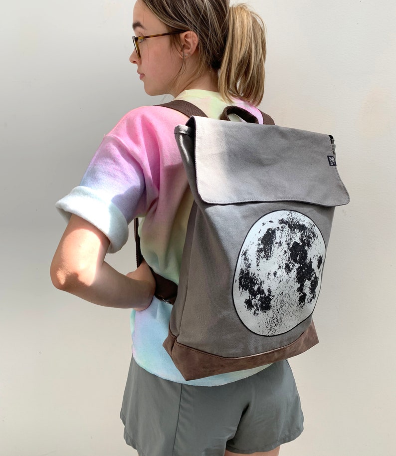 Silver Moon Grey Backpack by Little Lark, Canvas Backpack, Moon Bag, Vegan Backpack, Grey Rucksack, School Bag image 8