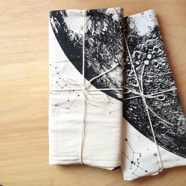 Large Full Moon print Towel, lunar hand printed in Portland reusable cloth space stars and animal constellations luna bright white black