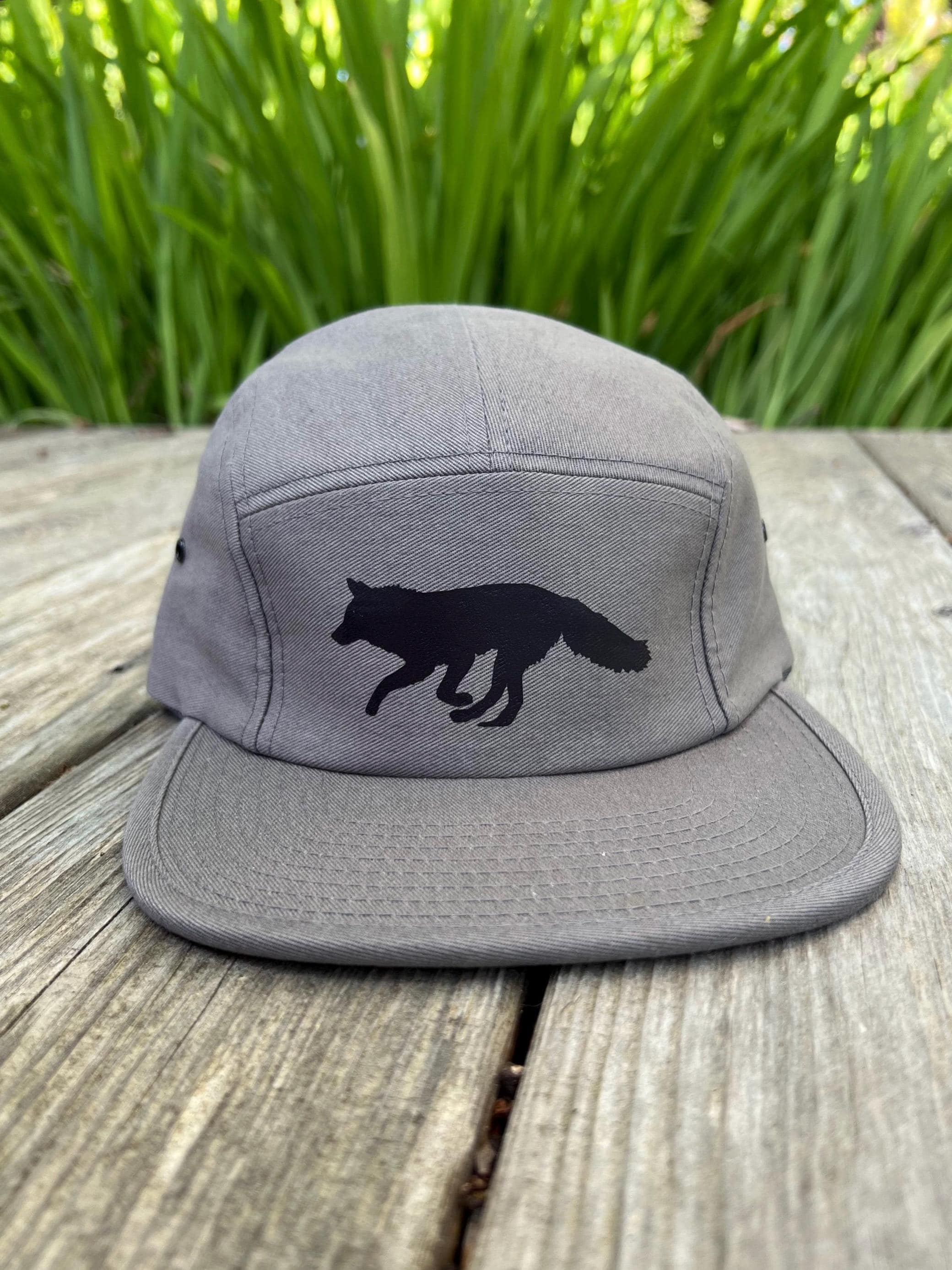 Grey Fox Camper Hat: Unisex 5 Panel Baseball Cap / Printed Animal