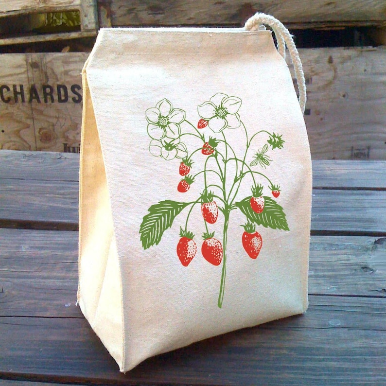 Strawberry Cloth Lunch Bag: Hand Screen Printed Cotton Canvas Tote