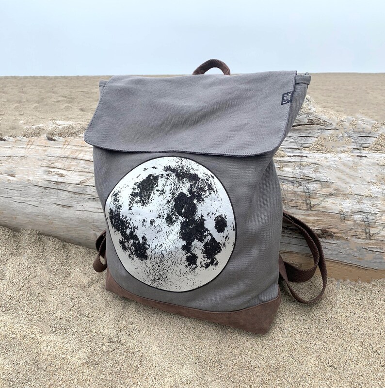 Silver Moon Grey Backpack by Little Lark, Canvas Backpack, Moon Bag, Vegan Backpack, Grey Rucksack, School Bag Silver Moon / Grey