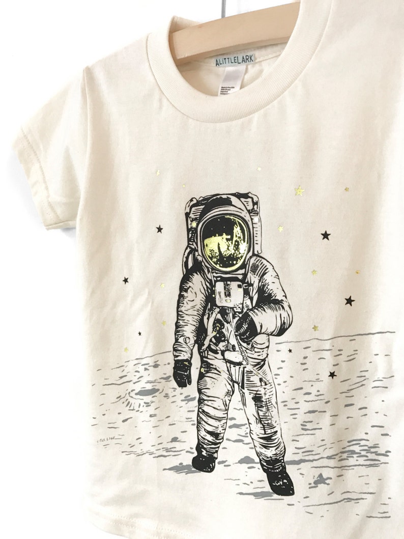 Astronaut Shirt, Organic Clothing, Kids moon t-shirt, Space t-shirt, Cool kid Tshirt, space graphic tee, gold foil stars, hip boy clothes image 3