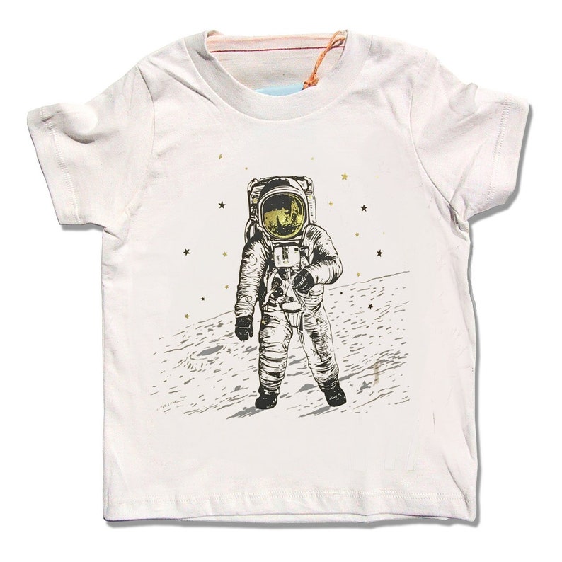 Astronaut Shirt, Organic Clothing, Kids moon t-shirt, Space t-shirt, Cool kid Tshirt, space graphic tee, gold foil stars, hip boy clothes image 1