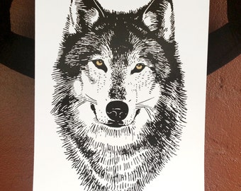 Art Print of WOLF head Poster on grey paper, handprinted silkscreen, hand painted gold eyes, modern graphic woodland Nature werewolf