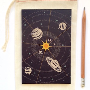 Solar System Space Journal, blank sketch book, recycled paper, small pocket size, luna stellar design with stars, sun and science planets