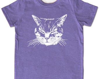 Camiseta infantil de gato morado: camiseta serigrafiada a mano