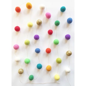 Felt Ball Garland, Rainbow felt ball Garland kit, Pom Pom Garland, Glitter Garland, wool felt balls gold silver glitter string 28 balls image 2