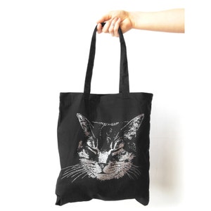 Glitter Cat tote bag, Silver Gold Cat Black Tote bag, Cat gift tote, Meow Cat tote with metallic glitter ink, gift for crazy cat lady Black + Silver