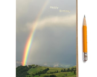 Happy Birthday Rainbow Photo Card: Gold Foil Letterpress and Nature Landscape