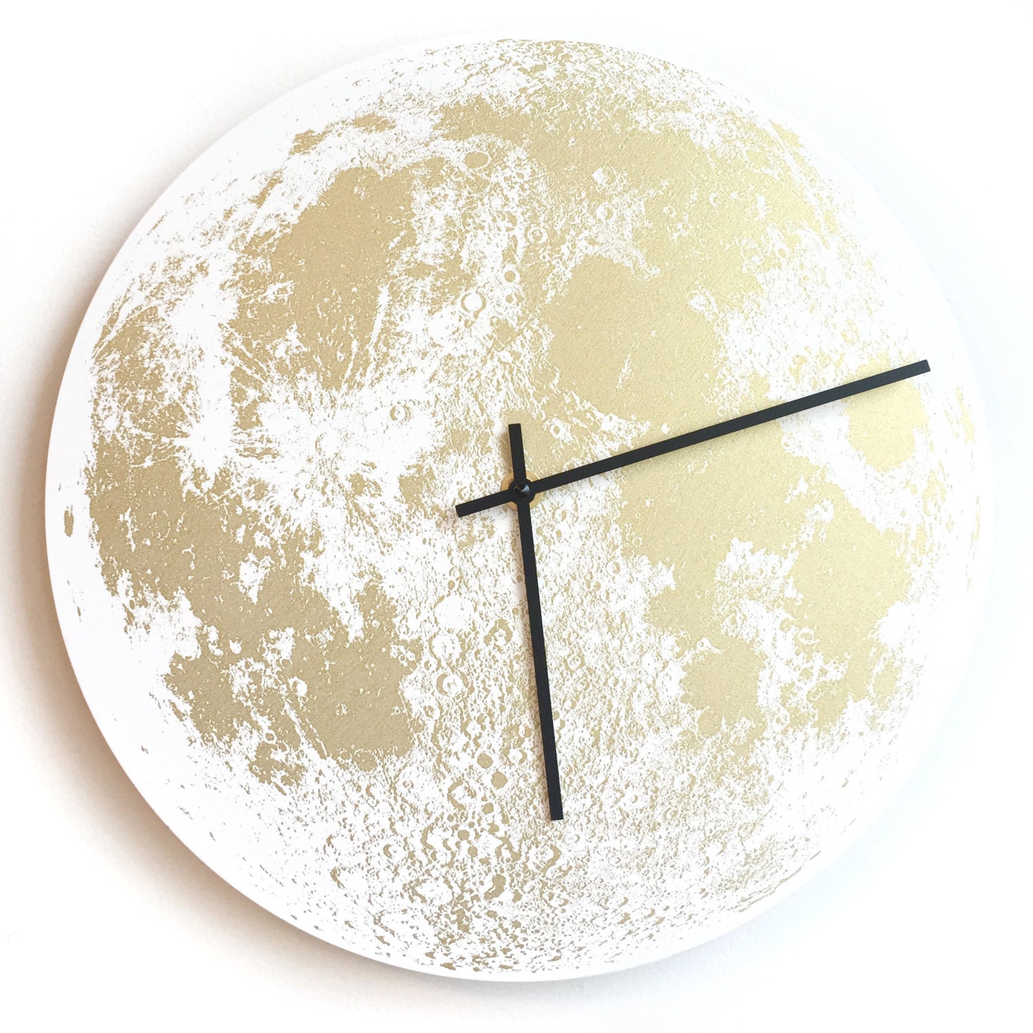 Gold Full Moon 14" wall clock round, metallic hand painted screen printed on wood circle handmade built in Portland Oregon Little Lark