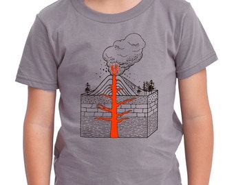 Exploding VOLCANO shirt ON SALE, short sleeve gray, toddler youth sizes, rad science, volcanic red lava