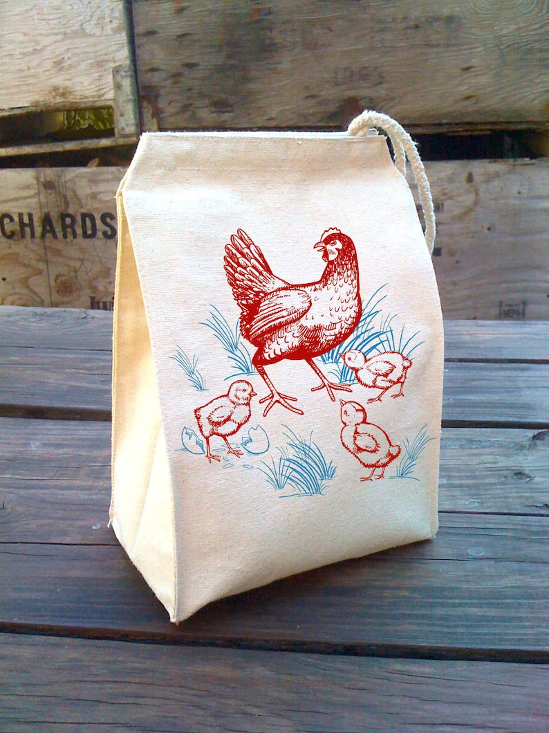 Kids Lunch Bag, Chicken Lunch Bag, Lunch Sack, kids school lunch, reusable school Lunch Box, Recycled Cotton Canvas Snack bag with handle image 1