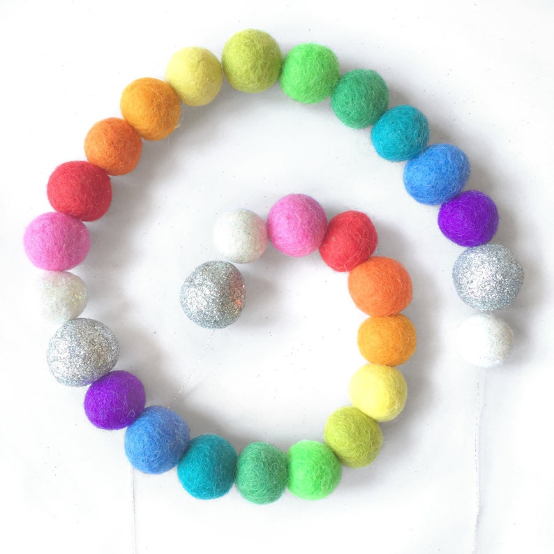 Rainbow Garland Felt Ball Garland Kit Gold Glitter Wool Felt Etsy