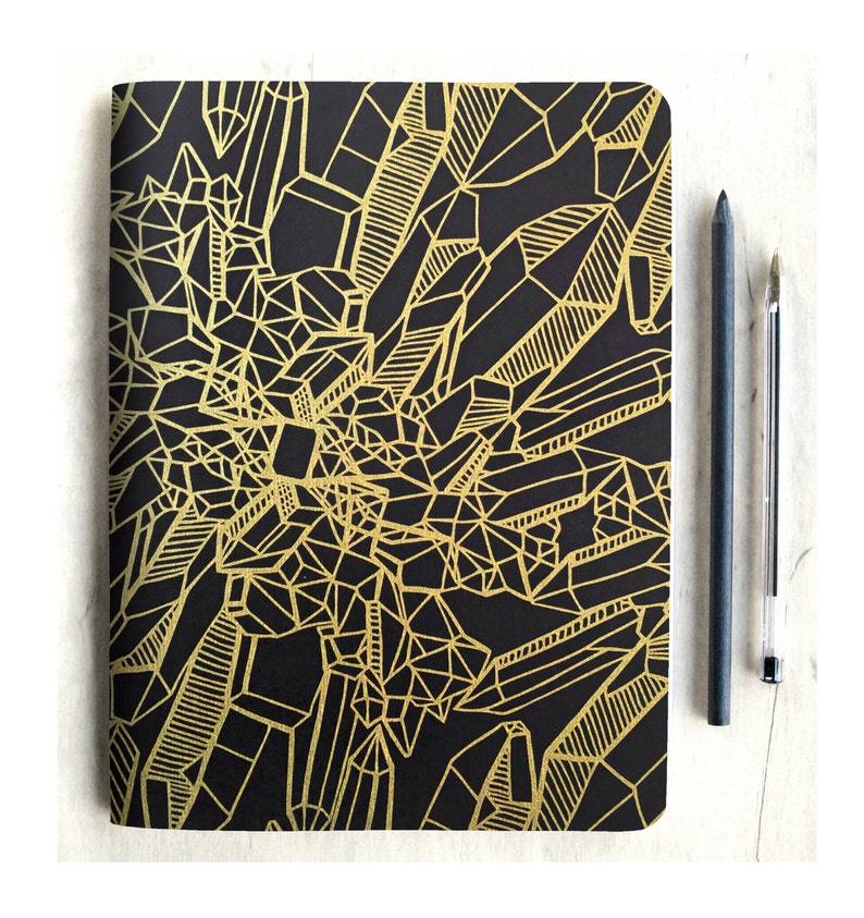 Crystal Journal, Art Sketchbook, Blank Notebook, Gold Gifts, Hand printed journal with metallic ink, gift for crystal lover, gift for mom image 1