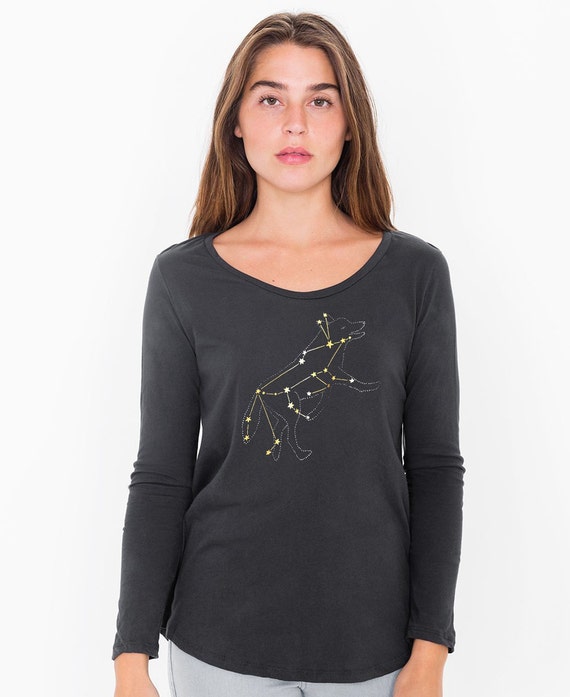 Women's Lupus Wolf Constellation Shirt, Gold Foil Stars Print