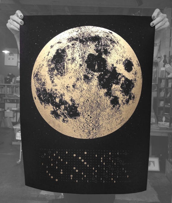 Large Metallic Gold Moon Art Print: Hand Printed Lunar Wall Poster