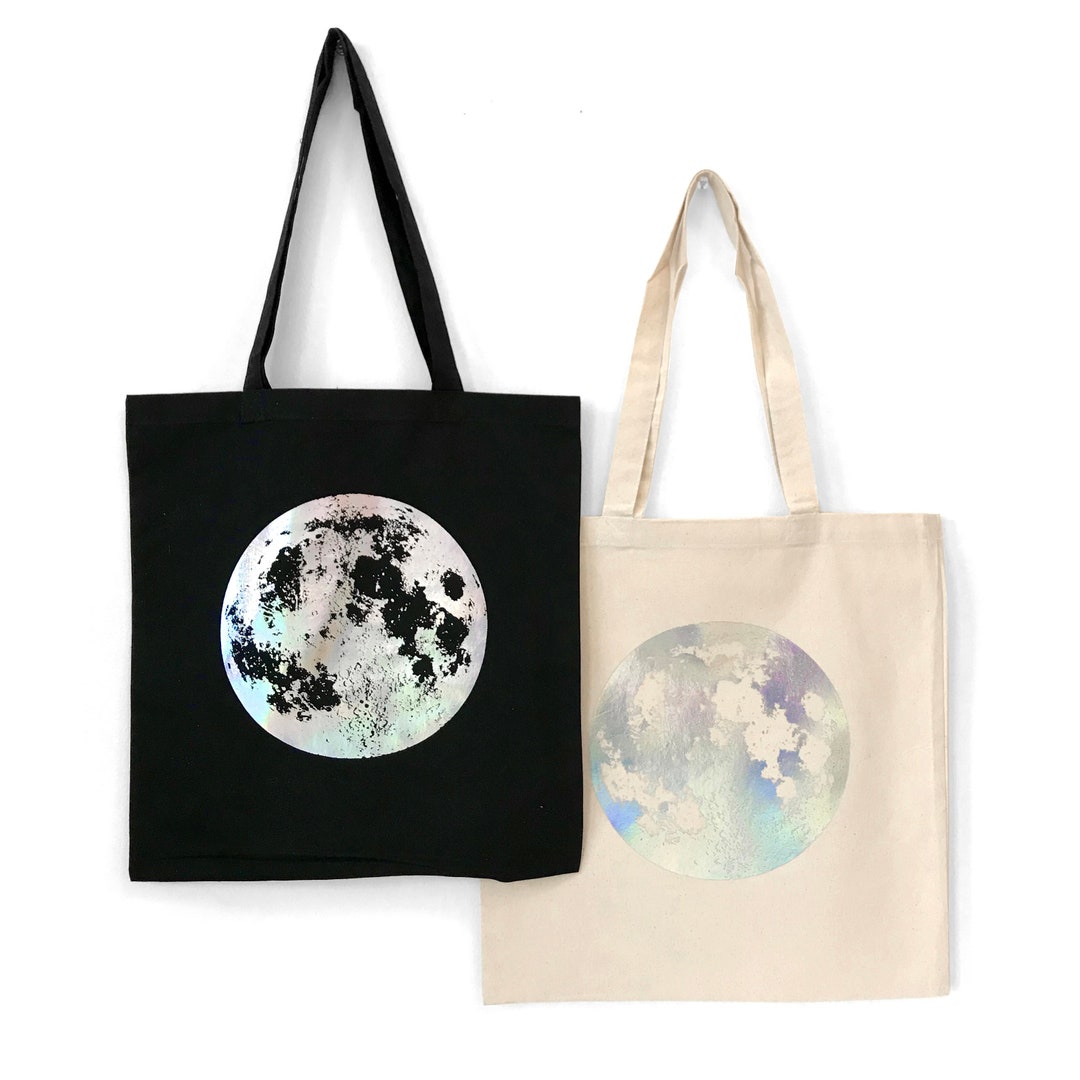Moon Tote, Full Moon Tote Bag, Hologram Silver Foil Print, Black and ...
