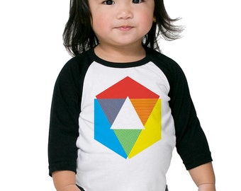 Color Wheel Raglan Shirt, bright white long sleeve t-shirt for toddler, and youth. Rainbow colors. originial Little Lark design