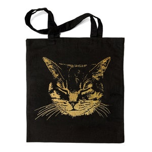 Glitter Cat tote bag, Silver Gold Cat Black Tote bag, Cat gift tote, Meow Cat tote with metallic glitter ink, gift for crazy cat lady Black + Gold