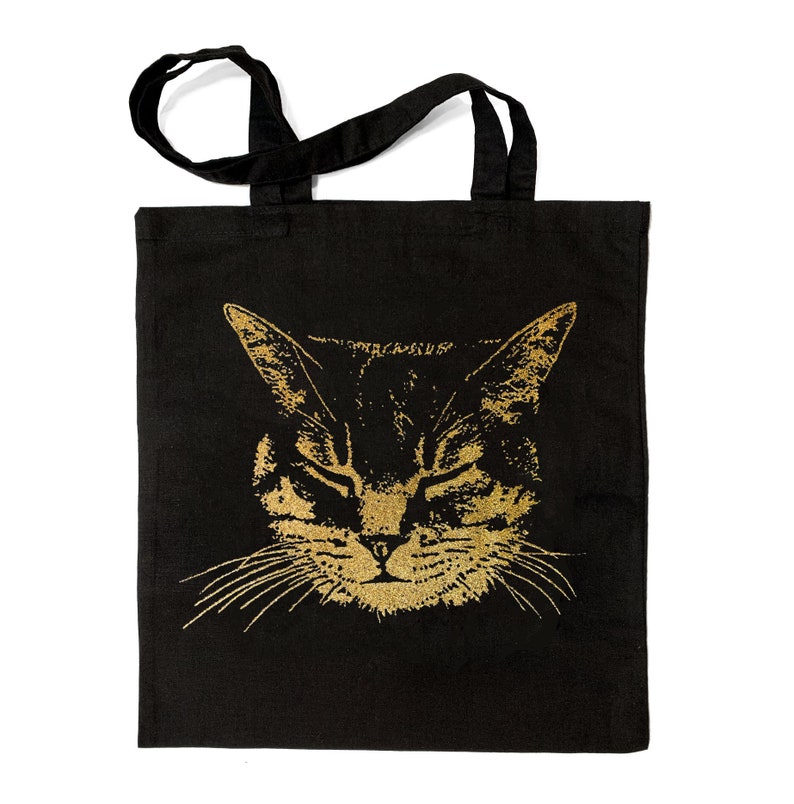 Glitter Cat tote bag, Silver Gold Cat Black Tote bag, Cat gift tote, Meow Cat tote with metallic glitter ink, gift for crazy cat lady Black + Gold