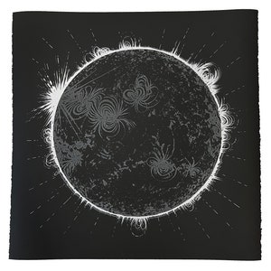 May include: A black and white illustration of the sun with a white halo and white lines radiating from the center.