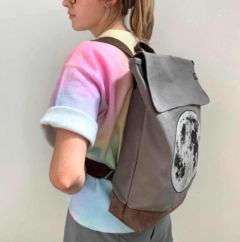 Silver Moon Grey Backpack by Little Lark, Canvas Backpack, Moon Bag, Vegan Backpack, Grey Rucksack, School Bag image 6