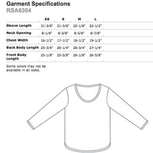 May include: A line drawing of a long-sleeved shirt with a scoop neck. The image includes a table with garment specifications, including sleeve length, neck opening, chest width, back body length, and front body length, in inches for sizes XS, S, M, and L.