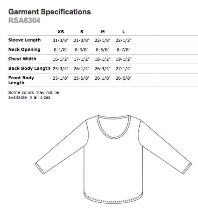May include: A line drawing of a long-sleeved shirt with a scoop neck. The image includes a table with garment specifications, including sleeve length, neck opening, chest width, back body length, and front body length, in inches for sizes XS, S, M, and L.