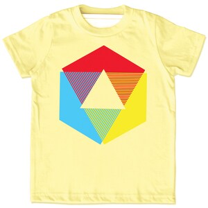 Camisa Color Wheel, camiseta de manga curta amarelo-limão para tamanhos de bebê, criança e jovem. Cores do arco-íris. Design original Little Lark