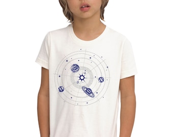 SALE Organic Silver Solar System shirt for kids, navy with metallic ink, stars and planets, space science tshirt, rad awesome gift for all