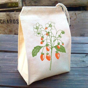 Strawberry Cloth Lunch Bag: Hand Screen Printed Cotton Canvas Tote