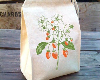 Bolsa de almuerzo de tela con diseño de fresa: bolsa de lona de algodón serigrafiada a mano
