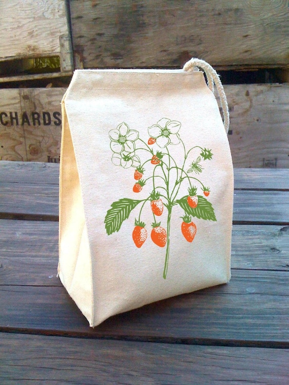 Strawberry Cloth Lunch Bag: Hand Screen Printed Cotton Canvas Tote