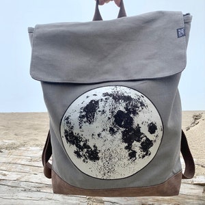 Silver Moon Grey Backpack by Little Lark, Canvas Backpack, Moon Bag, Vegan Backpack, Grey Rucksack, School Bag image 2