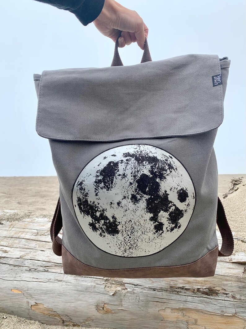 Silver Moon Grey Backpack by Little Lark, Canvas Backpack, Moon Bag, Vegan Backpack, Grey Rucksack, School Bag image 2