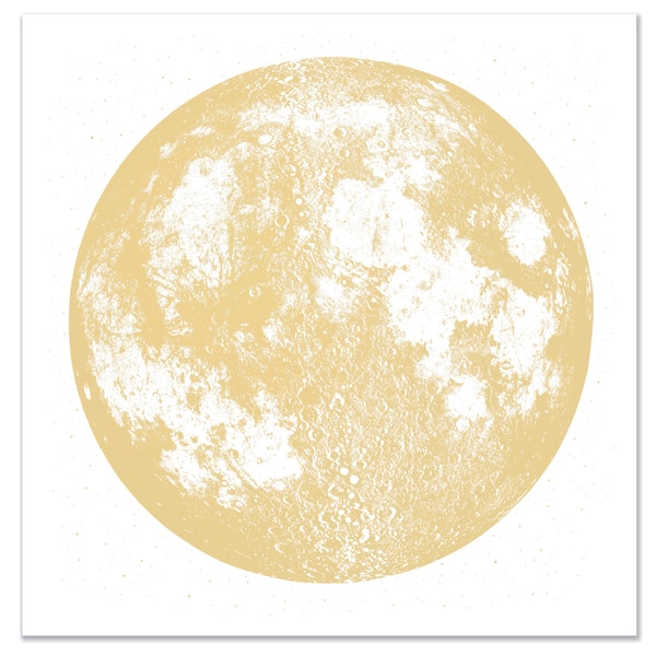 Bright Gold Moon Print, Square 22x22 large screenprint, metallic ink on white sturdy stellar cotton paper, luna lunar wall art, space, stars