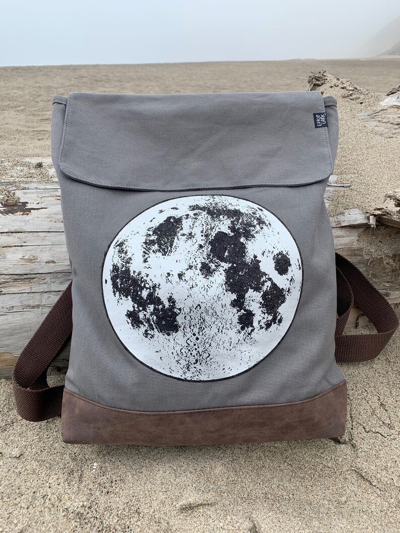 Silver Moon Grey Backpack by Little Lark, Canvas Backpack, Moon Bag, Vegan Backpack, Grey Rucksack, School Bag image 4