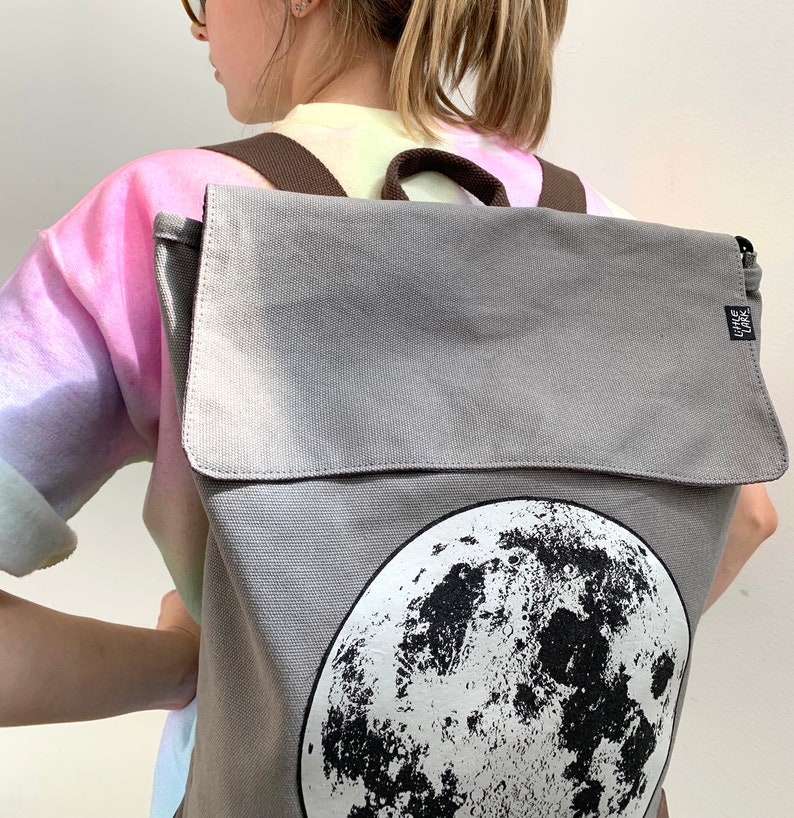 Silver Moon Grey Backpack by Little Lark, Canvas Backpack, Moon Bag, Vegan Backpack, Grey Rucksack, School Bag image 7