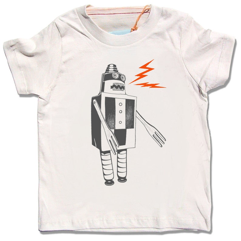 Indigo Build a Robot t-shirt, short sleeve shirt, chidren kids sizes, chose from gray or organic cream, original screenprint, sci-fi sparks image 4