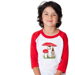 Kid's Gnome Mushroom raglan shirt, red and white long sleeve, spring summer woodland design, infant toddler children t-shirt image 1