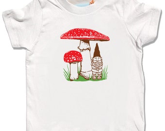 Camisa de hongo gnomo orgánico para niños, manga corta crema natural, diseño de bosque de primavera verano, camiseta para niños pequeños