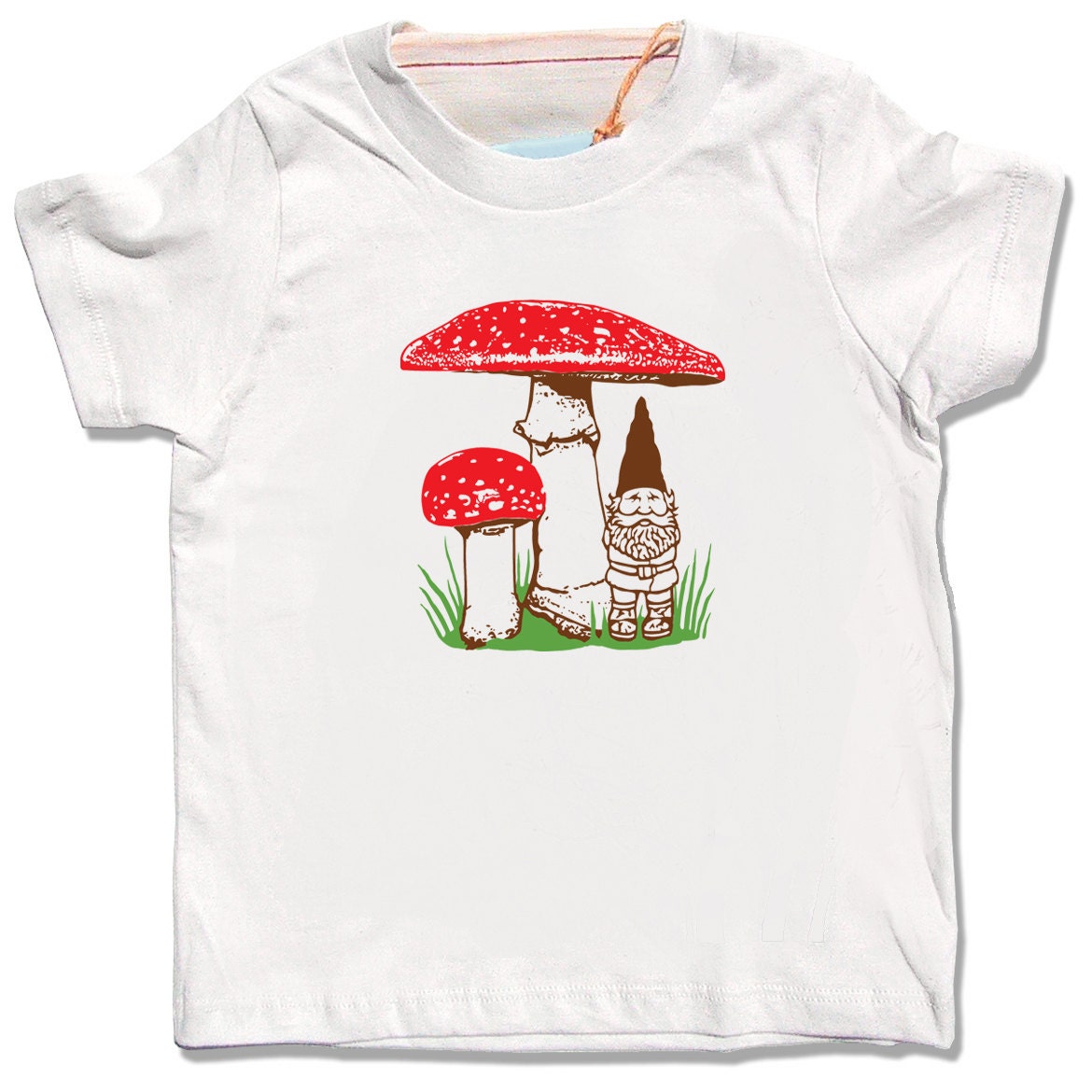 Kid's organic Gnome Mushroom shirt, natural cream short sleeve, spring summer woodland design, infant toddler children t-shirt