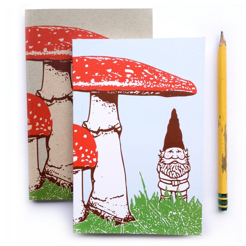 Small Journal, Blank Notebook, Artist Sketchbook, Gnome Journal, small blank sketch pocket book, Woodland garden gnomes gift, recycled paper image 1