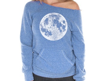 Women's Moon sweatshirt,  Moon Raglan, off the shoulder Blue Moon Sweatshirt with Kangaroo pocket, Full Moon shirt, Moon Print, Yoga Clothes