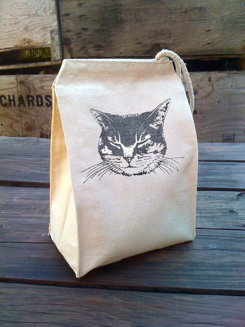 Best Kid Lunch Bag Cat Design, Reusable Canvas lunch box, Animal Lover Recycled Cotton Canvas, Kitty Snack Bag, washable lunch bag image 1