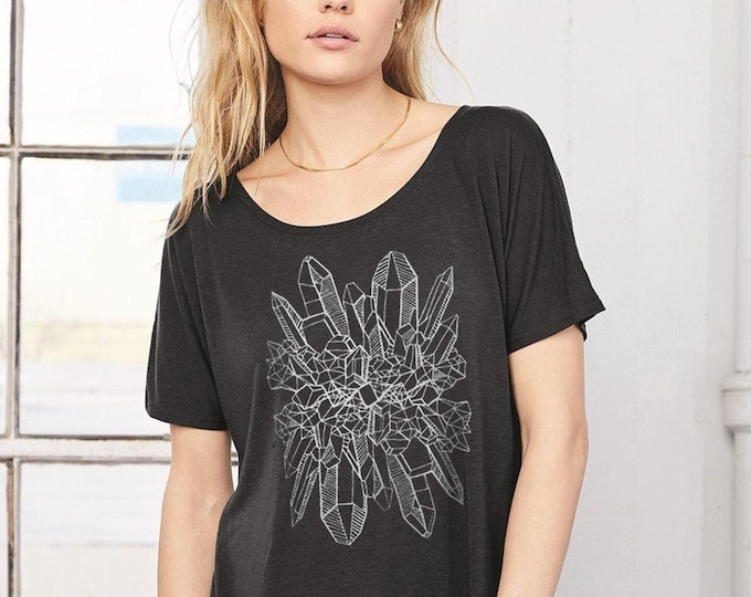 Women's Slouchy Crystal Graphic Tee: Black T-Shirt, Silver Print