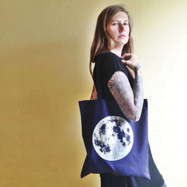 Moon Tote Bag, Full Moon tote bag, black or navy indigo blue, metallic screen print cotton eco-friendly and reusable, Silver or Pearl foil